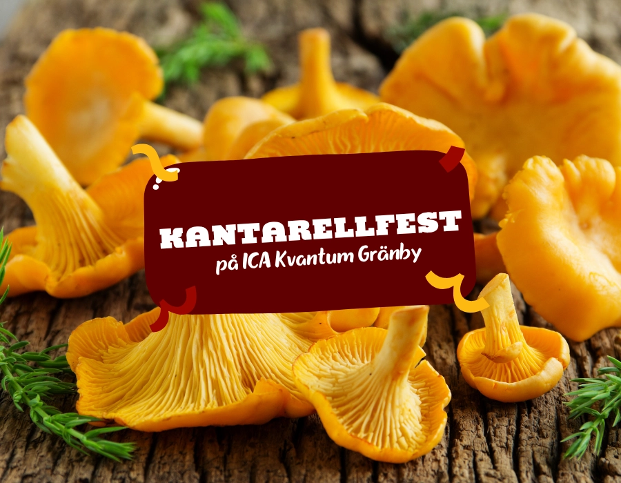 Gula kantareller på ett träbord med texten ”Kantarellfest på ICA Kvantum Gränby”.
