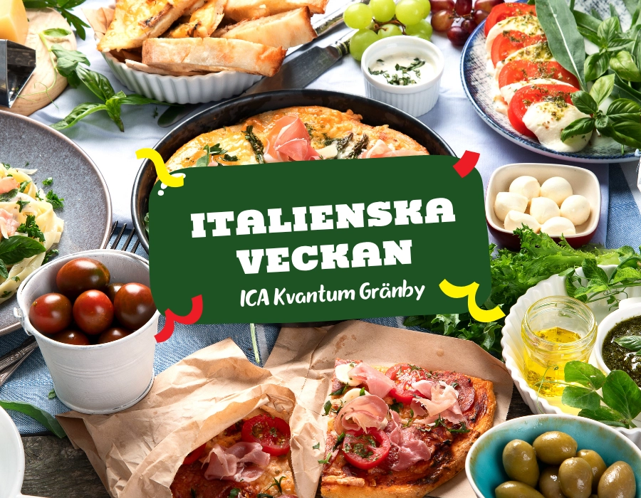 Italiensk mat med pizza, caprese, mozzarella, oliver, tomater och bröd samt texten ”Italienska veckan – ICA Kvantum Gränby”