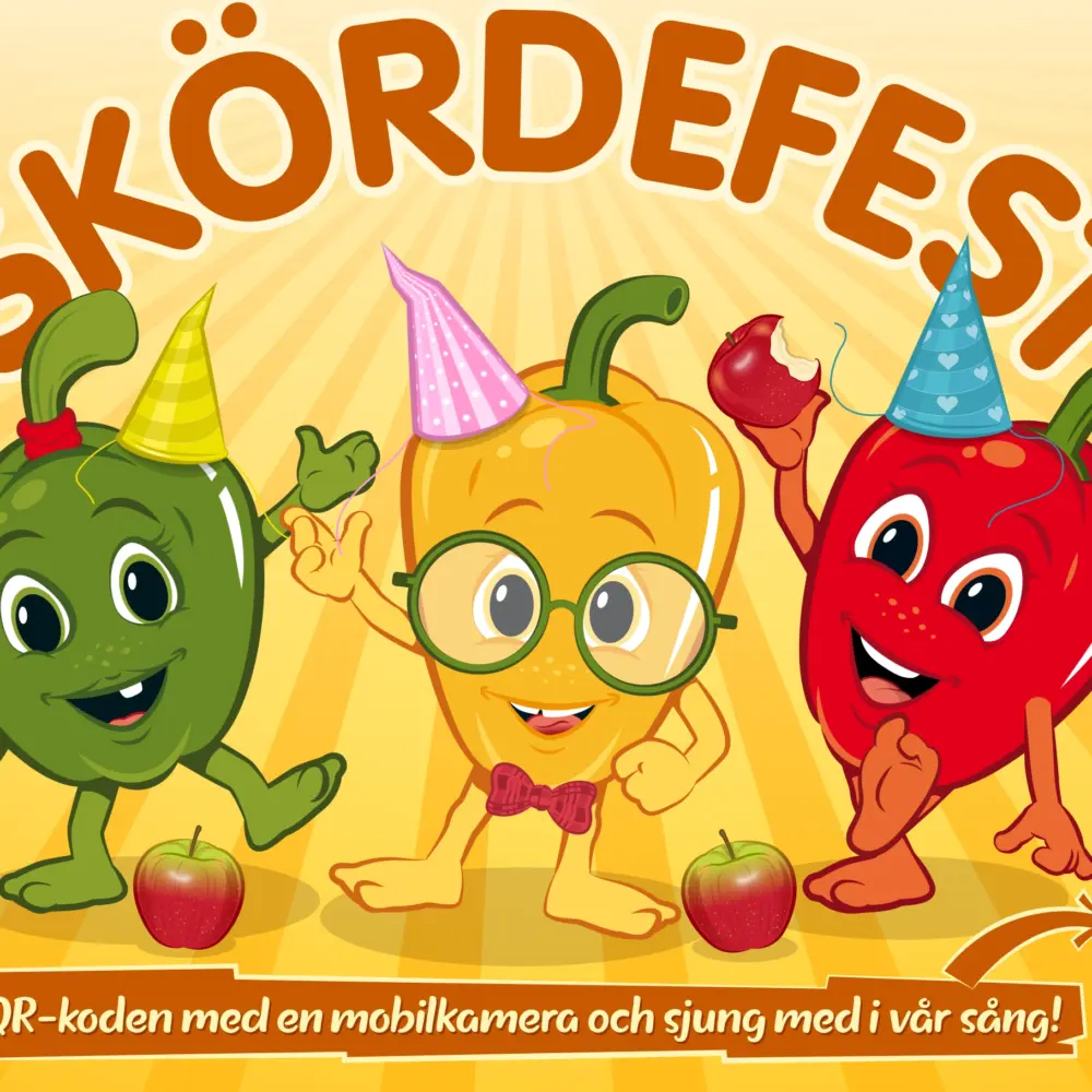 Grönis, Gulis och Rödis firar Skördefest med äpplen och kalashattar.